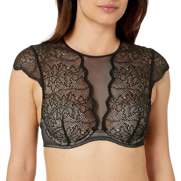 b.tempt'd Black Lace Neck Bralette Top Womens XL Cap Sleeve Built In Bra Sultry - Picture 1 of 12